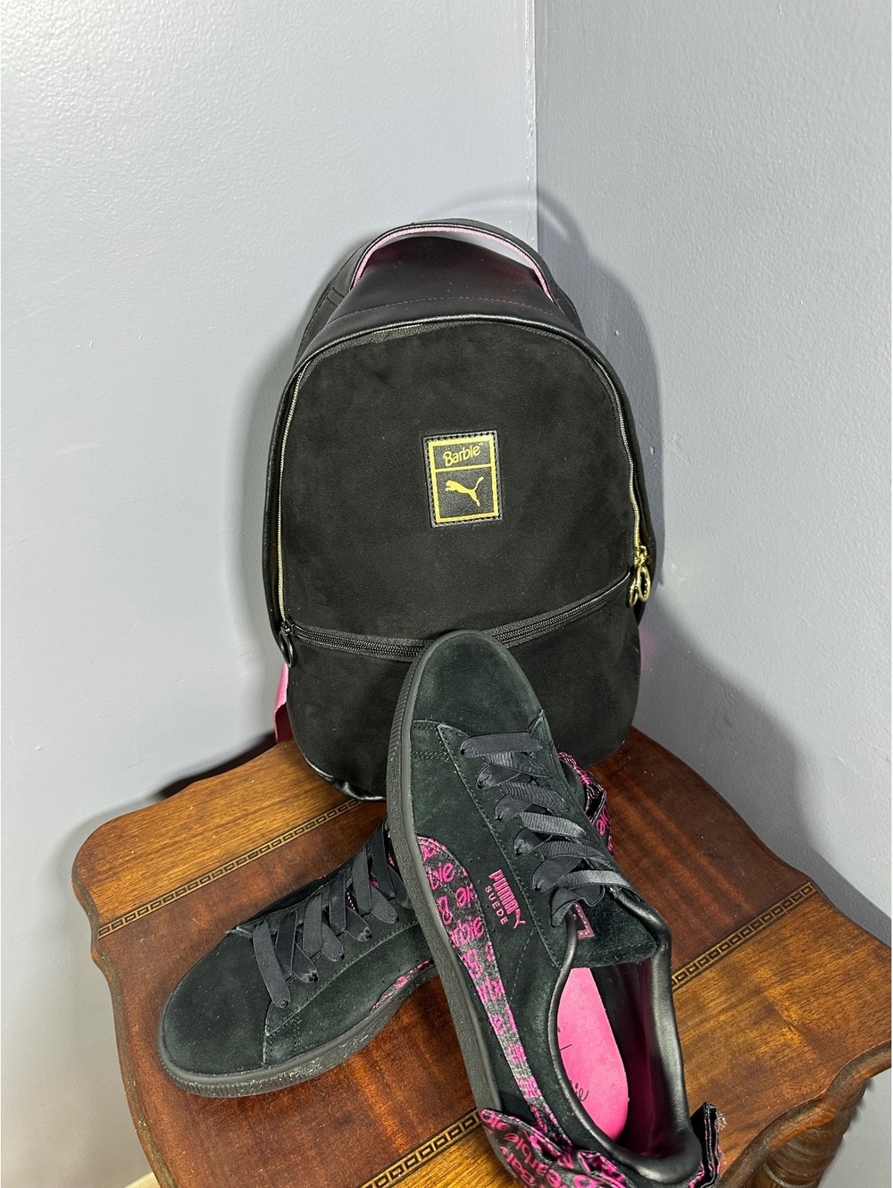Puma Barbie Black Suede Sneakers 6 1/2 with Matching Backpack Set